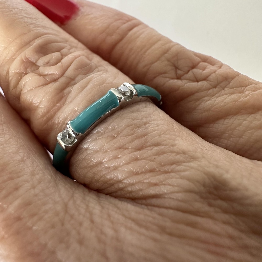 Turquoise Enamel Silver Tone Thin Band Ring Size 7 Stackable Fashion Jewelry